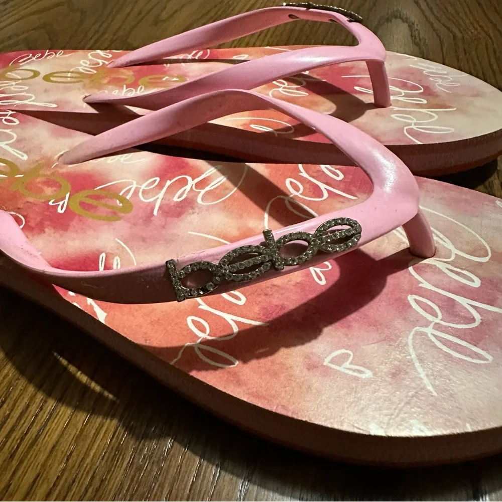 Bebe women’s flip flops sandals sparkling logo size 7/8‎ summer beach time - Picture 6 of 7